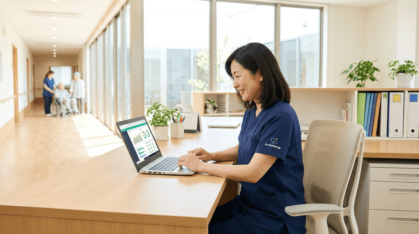 介護施設のスタッフがダッシュボードで利用者の状況を確認している様子