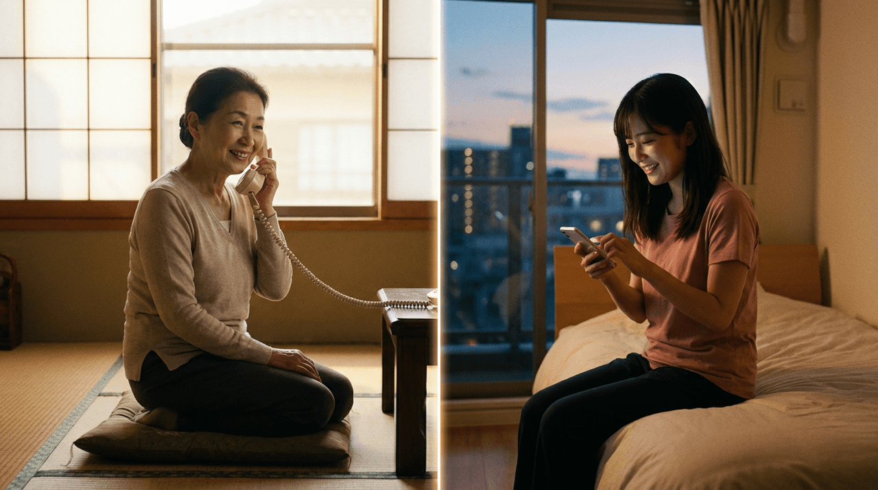 電話で話す高齢女性とスマホを見る若い女性