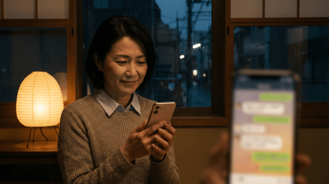スマホを見て安堵する留学生の母親