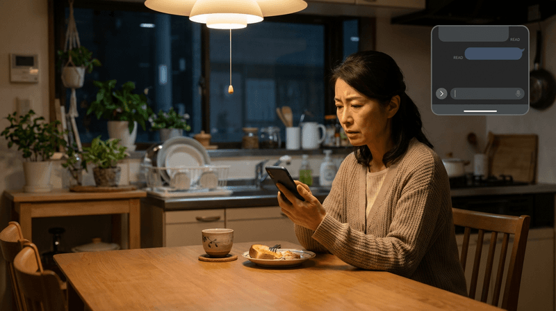 夜のキッチンで心配そうにスマホを見る母親