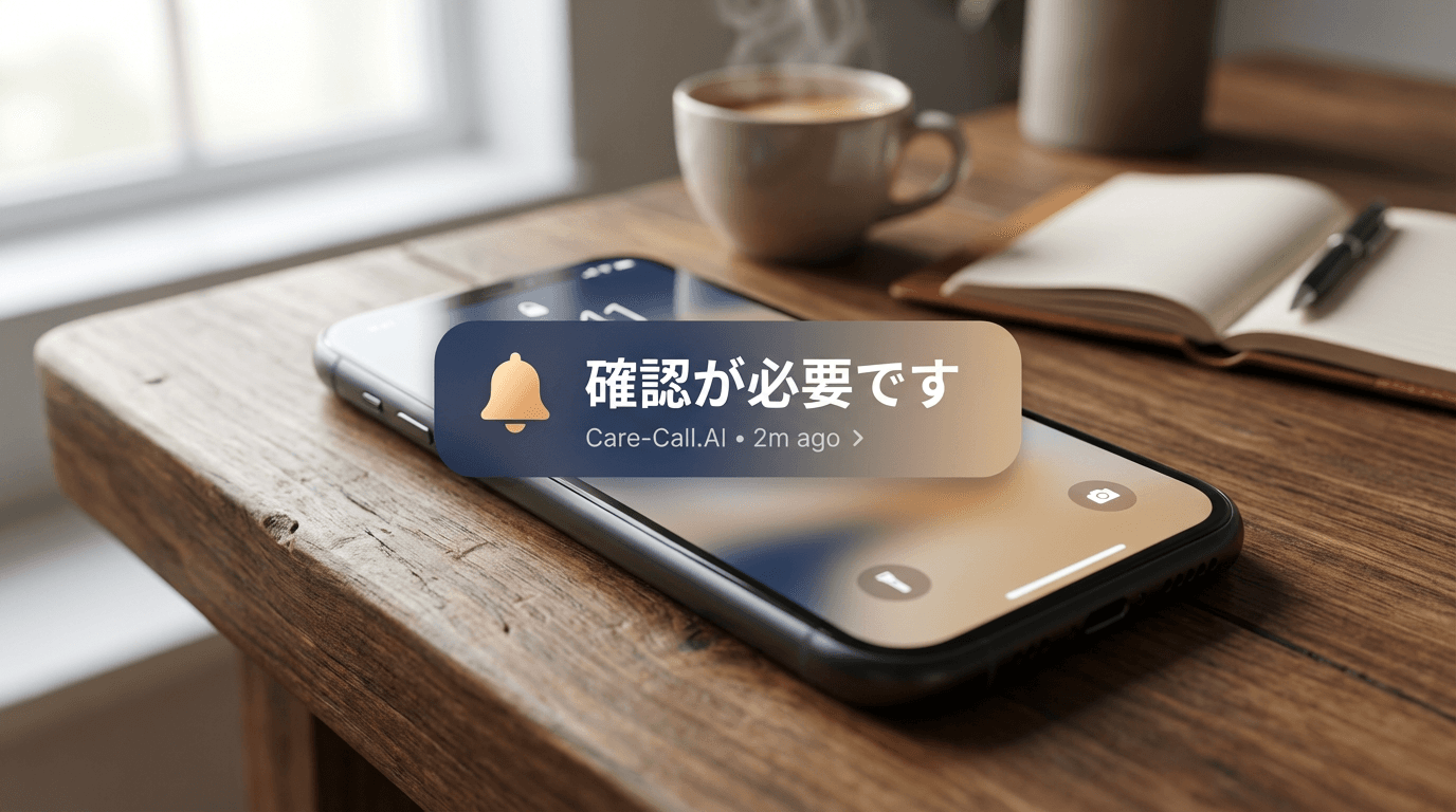 Care-Call.AIからの通知が表示されたスマートフォン