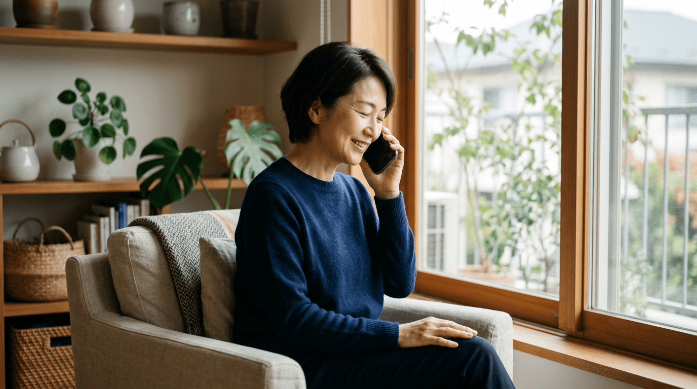 窓辺のソファで目を閉じ微笑みながら電話を聞く50代の女性。親御さんの声を聞き返しているような穏やかな表情。
