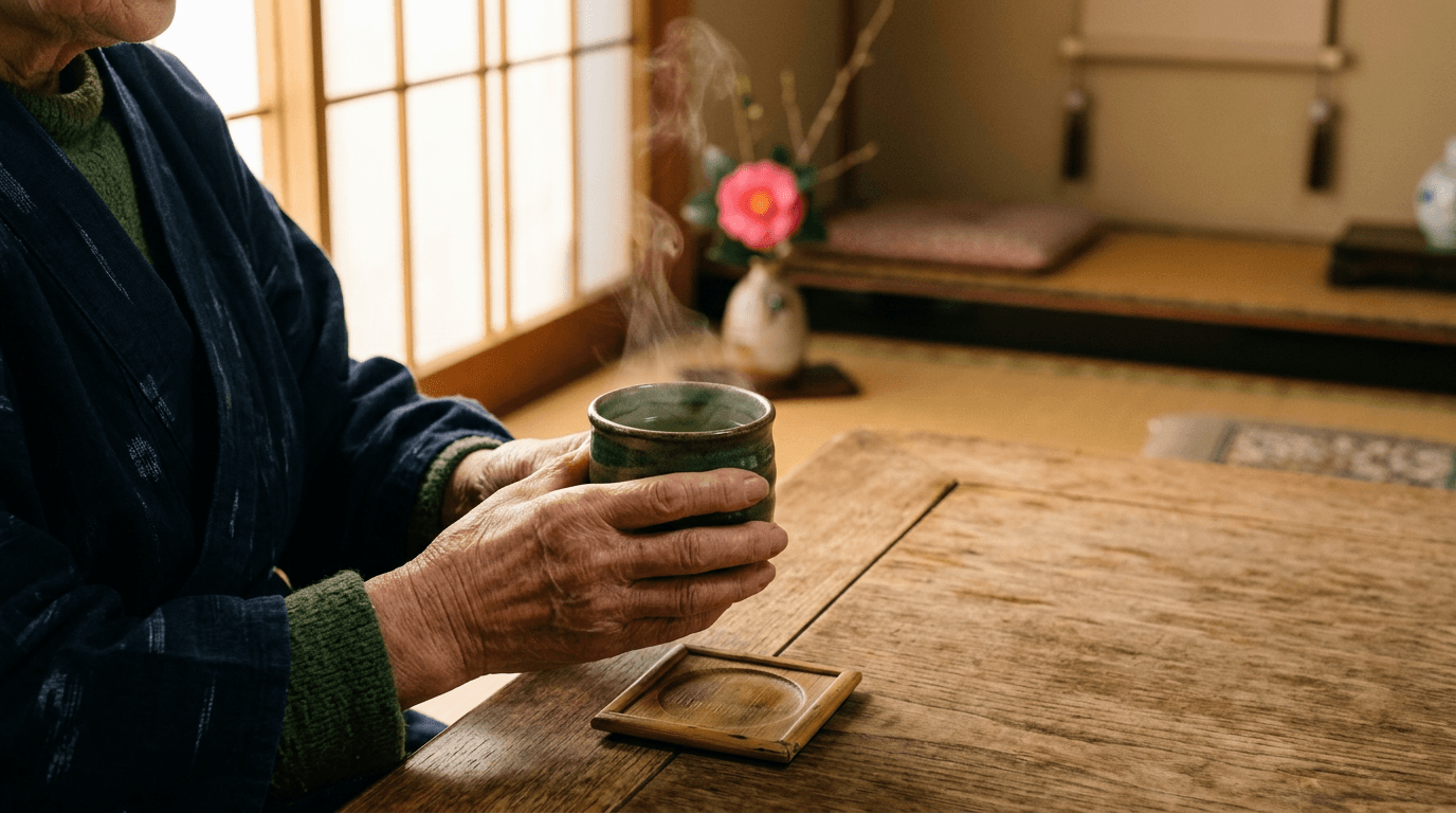 縁側で温かいお茶を両手で包む高齢者の手。静かな日常のひとときを表しています。