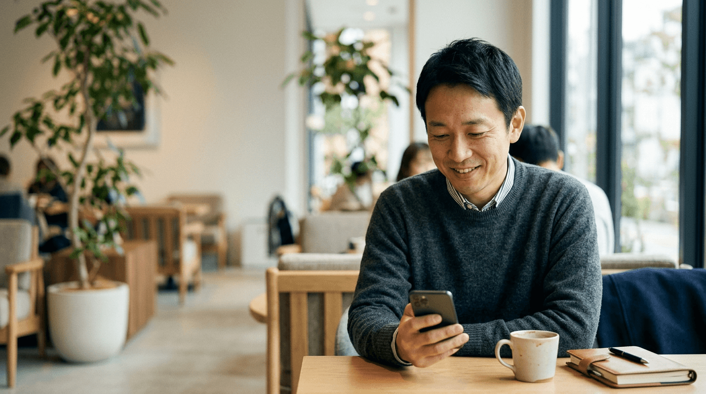 カフェでスマートフォンを見て、安堵した笑顔を浮かべる40代の男性。