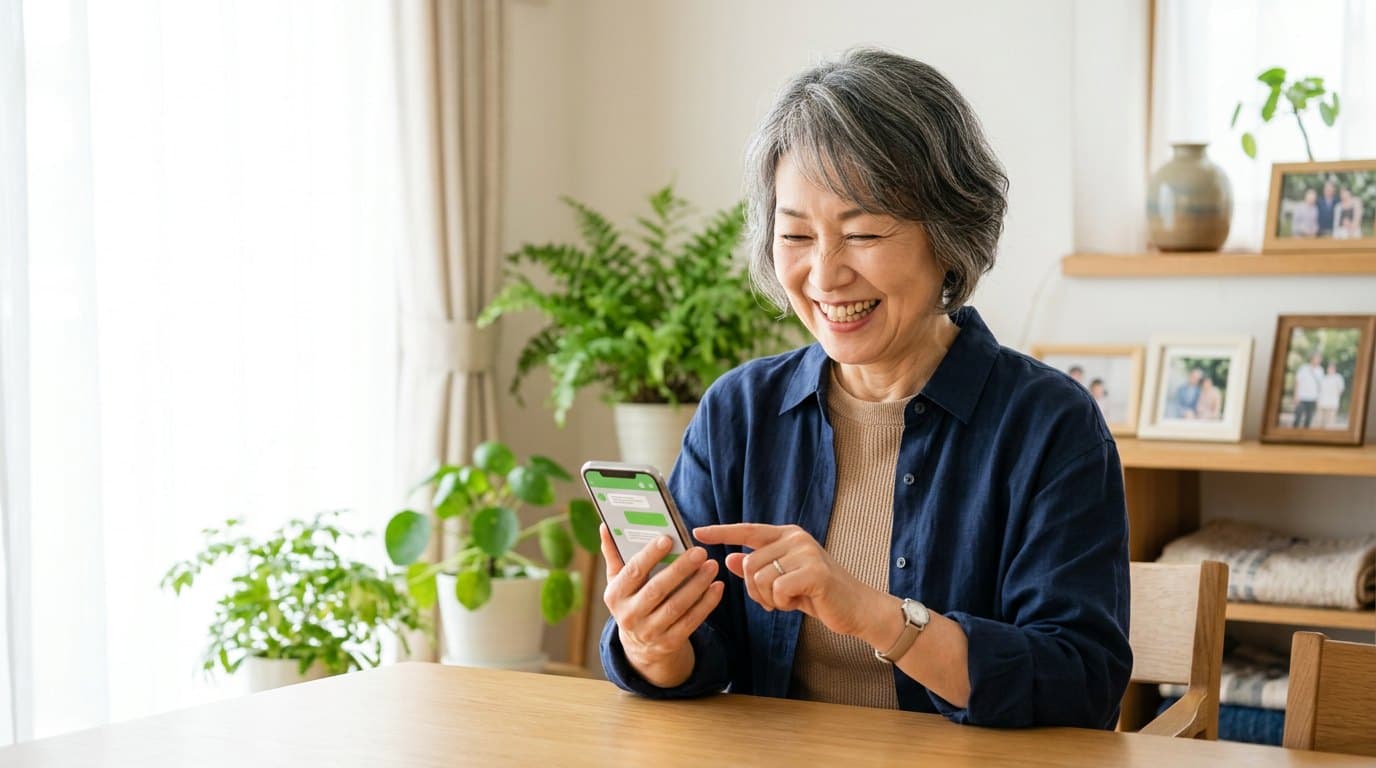 スマートフォンで家族に元気を伝える高齢の女性