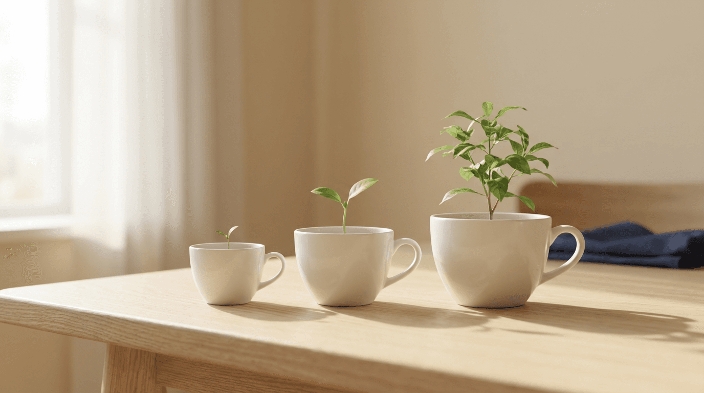 3つのサイズのカップに植物が育つ様子