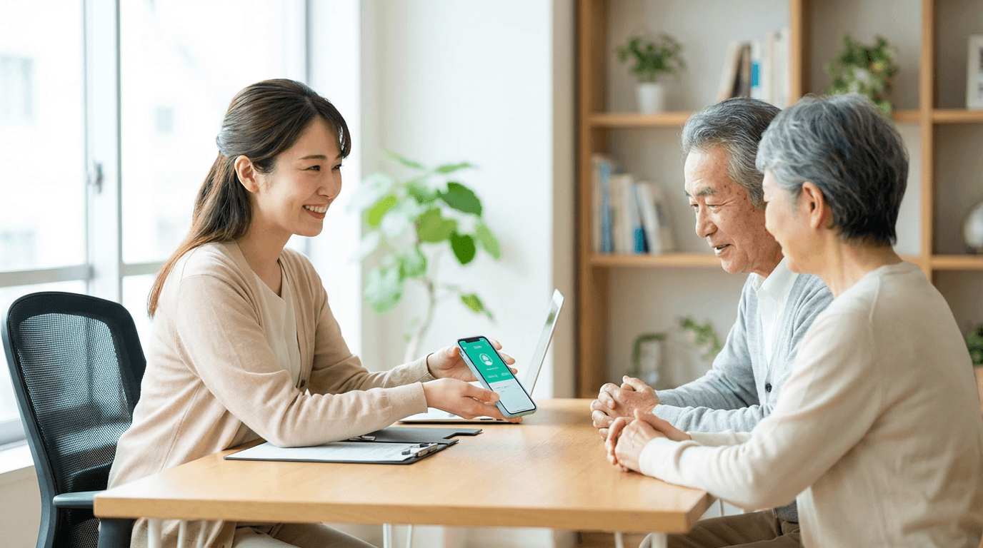 ケアマネージャーが高齢者ご夫婦にCare-Call.AIを紹介している様子