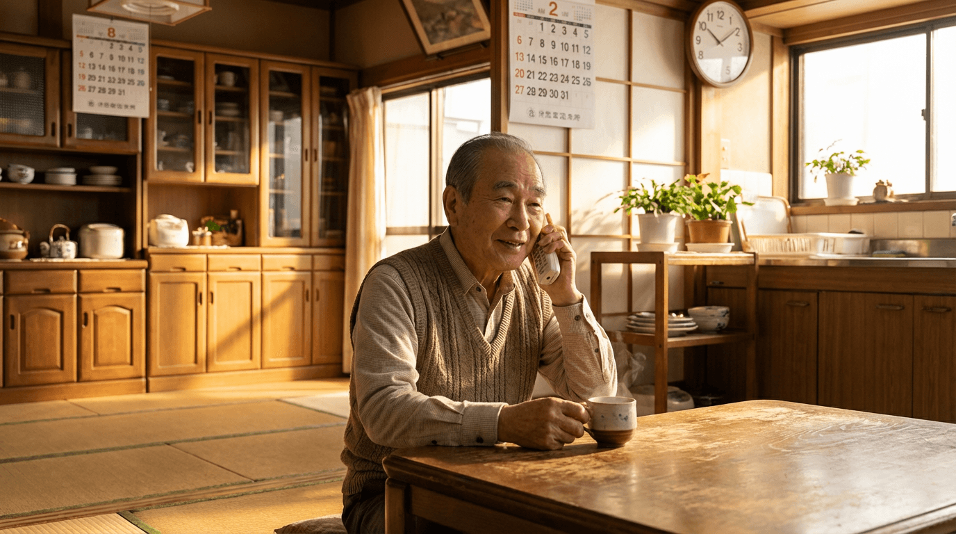 朝の電話を受ける高齢者