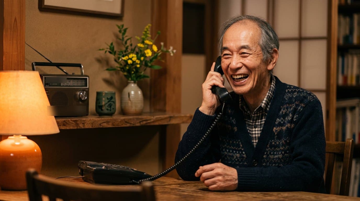 電話でおしゃべりを楽しむ高齢の男性