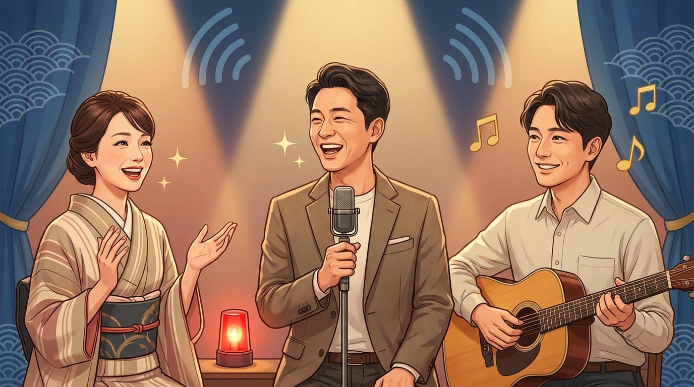 ケアコール・トークの3人の番組ホストが舞台で漫談や歌を披露するイラスト