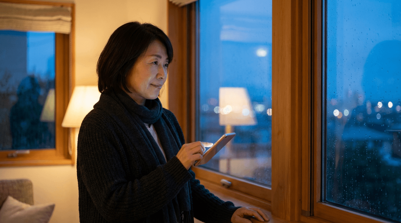夜の窓辺で海外の夫を想いスマホを見る妻