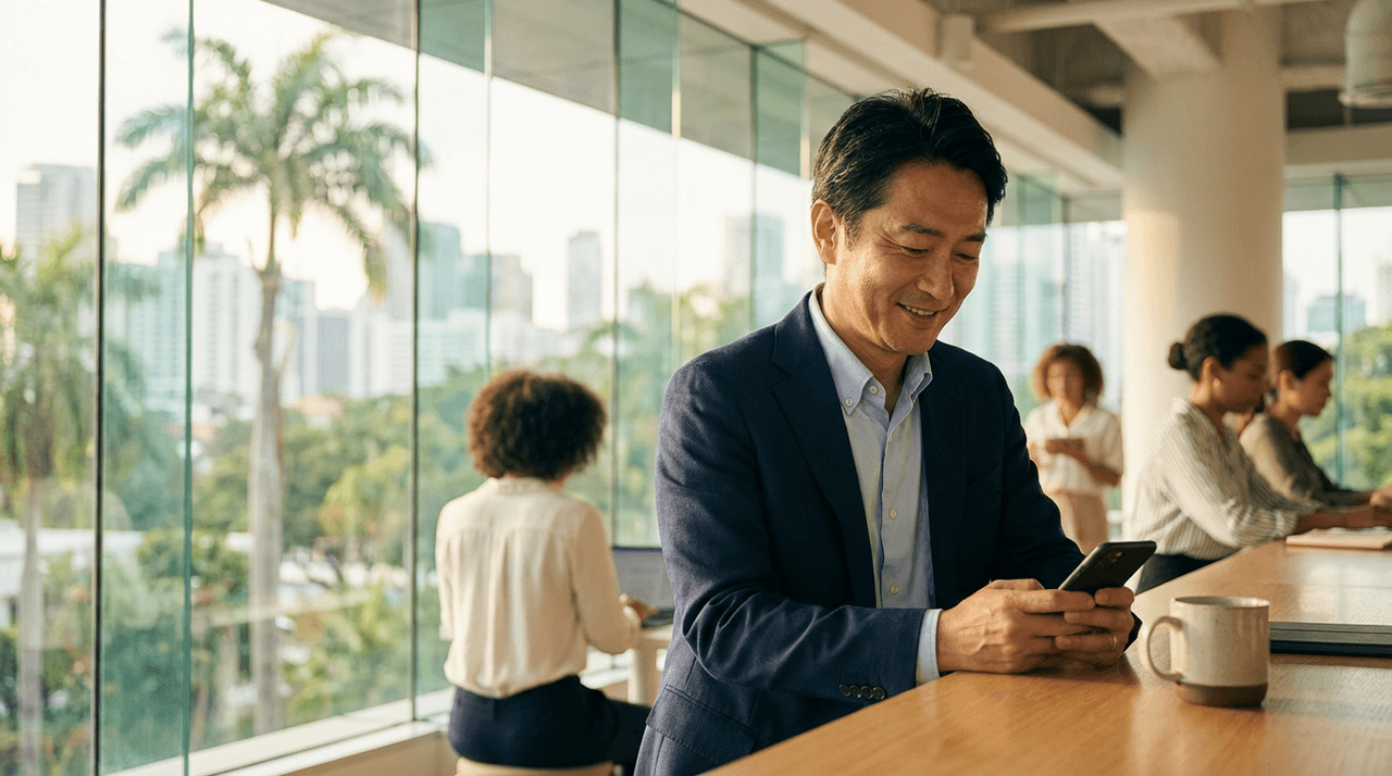 海外オフィスでスマホを見て微笑む日本人ビジネスマン