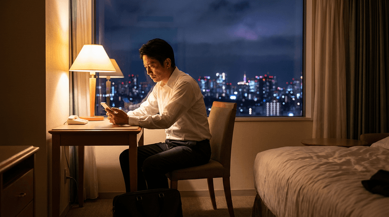 夜のホテルで一人スマホを見る海外赴任者
