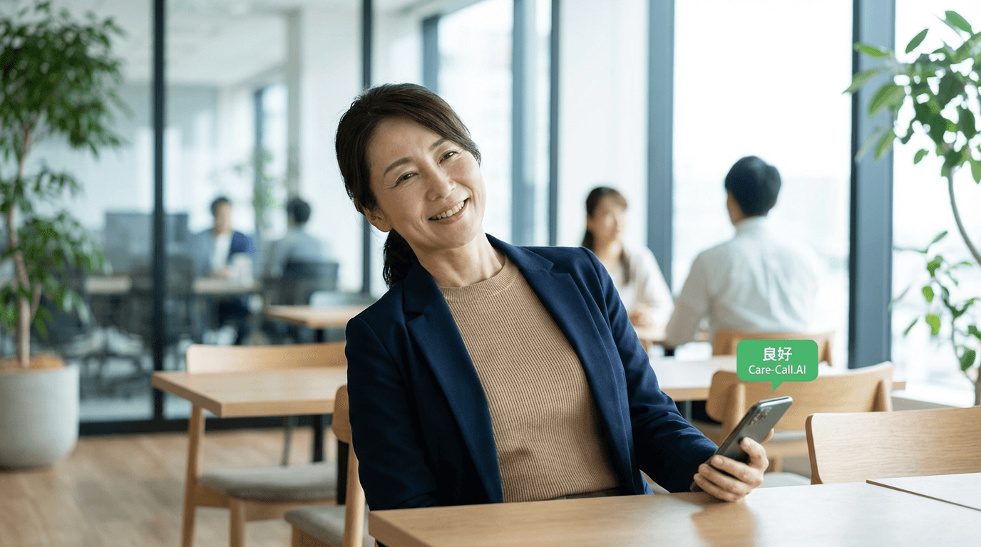 オフィスでスマートフォンを見て安心した表情の女性