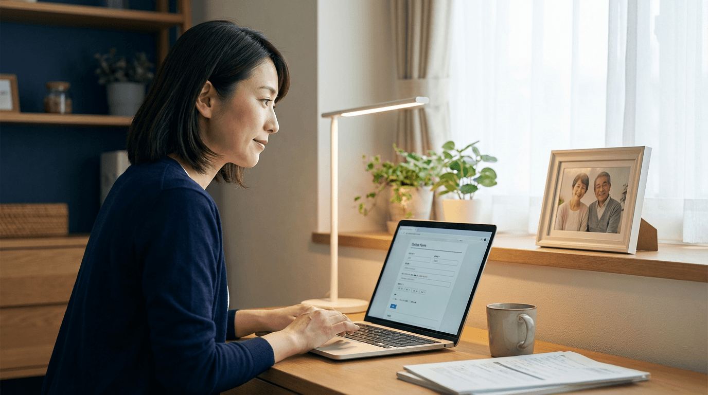 両親の写真を見ながら情報を入力する女性