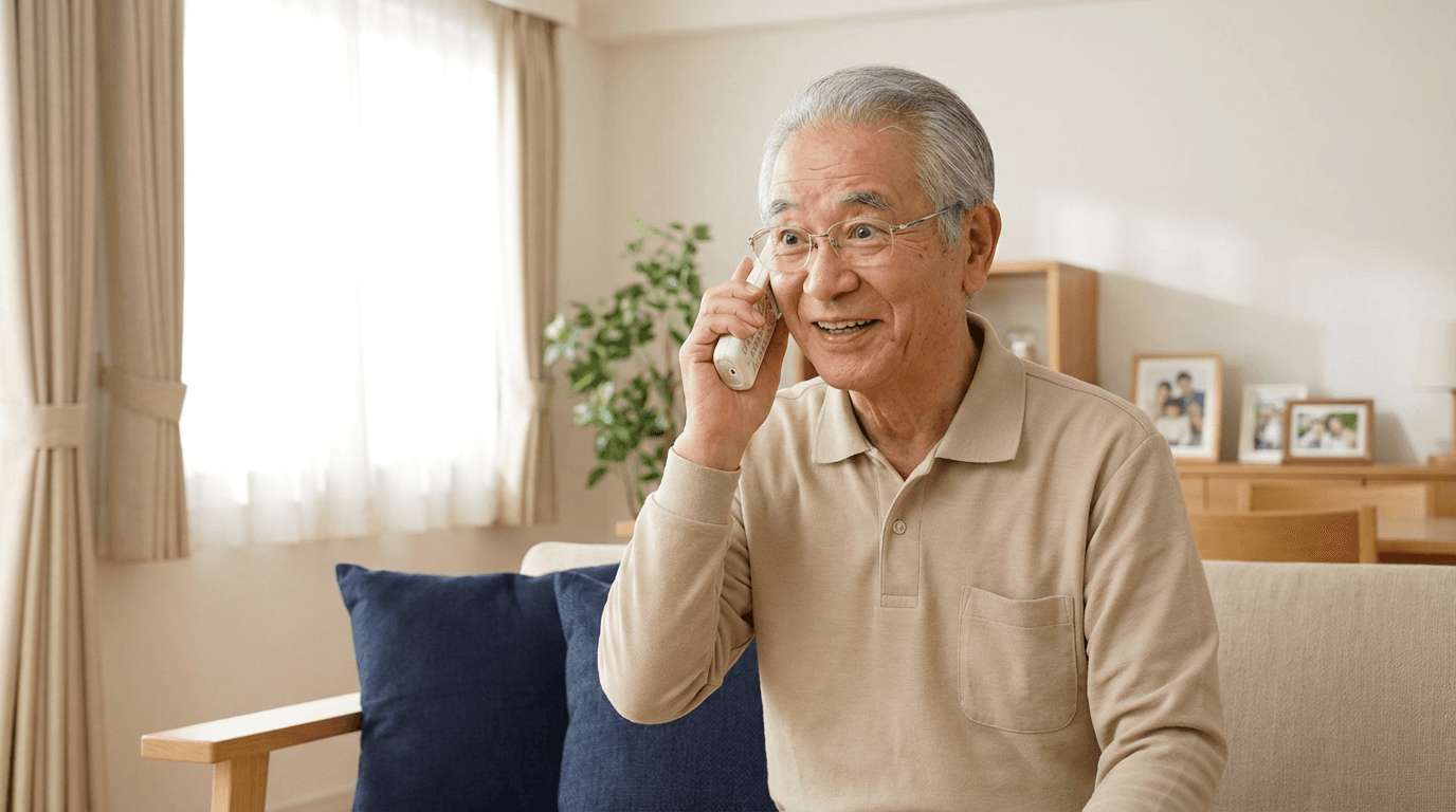 電話を受けて嬉しそうな高齢男性